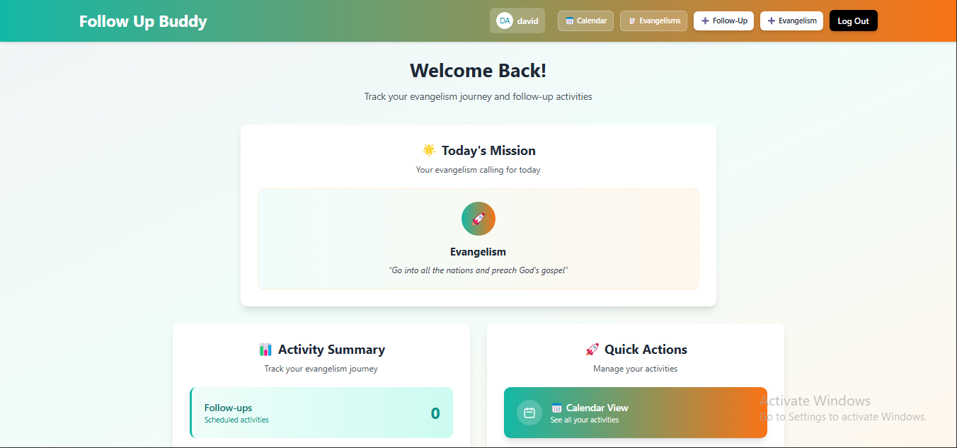 FollowUp Buddy web application interface showing evangelism and follow-up tracking dashboard with modern UI design